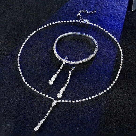 Silver Bridal Jewelry Set Rhinestone Necklace Bracelet Dangle Earrings for Bride - Picture 7 of 7